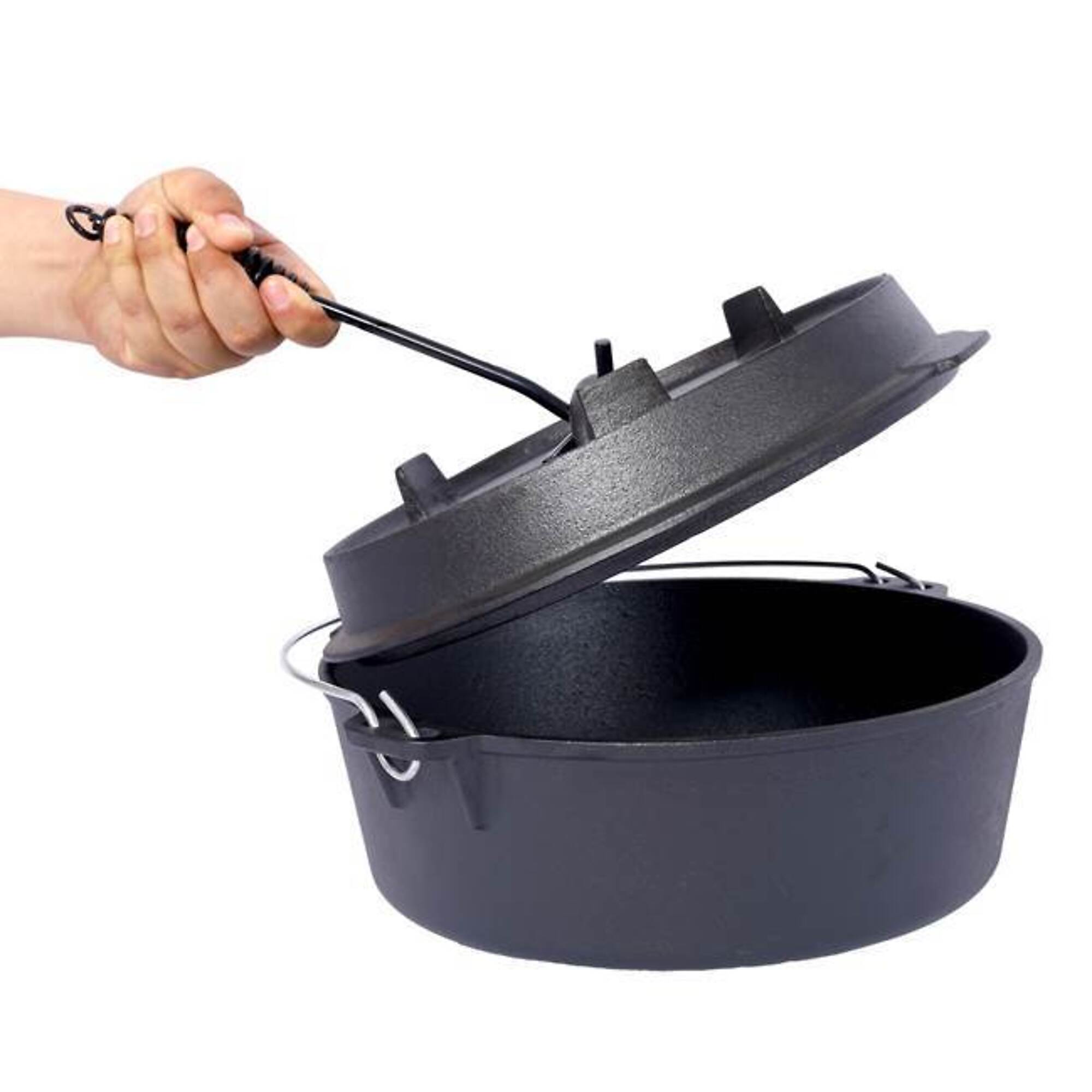 TMB Pre-Seasoned Cast Iron Dutch Oven with Skillet Lid — 12 Quart, Ribbed Bottom, Iron Pot Rack, Lid Lifter, Model# BAC-W465P236474